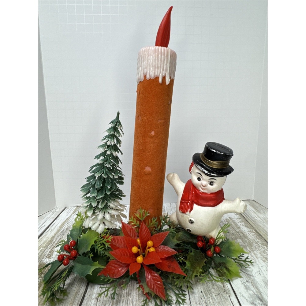Vintage flocked candle with blow mold snowman tree